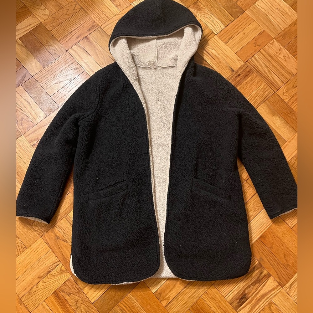 Free People Cozy Black and Cream Hooded Jacket Size Medium